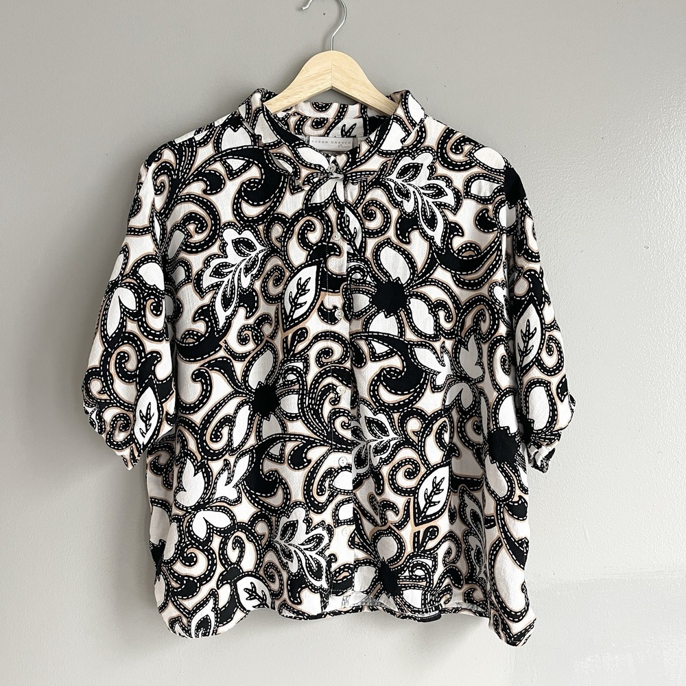 Susan Graver‎ Pure Rayon Linen Flax Top Paisley Cropped Relaxed Button Front L